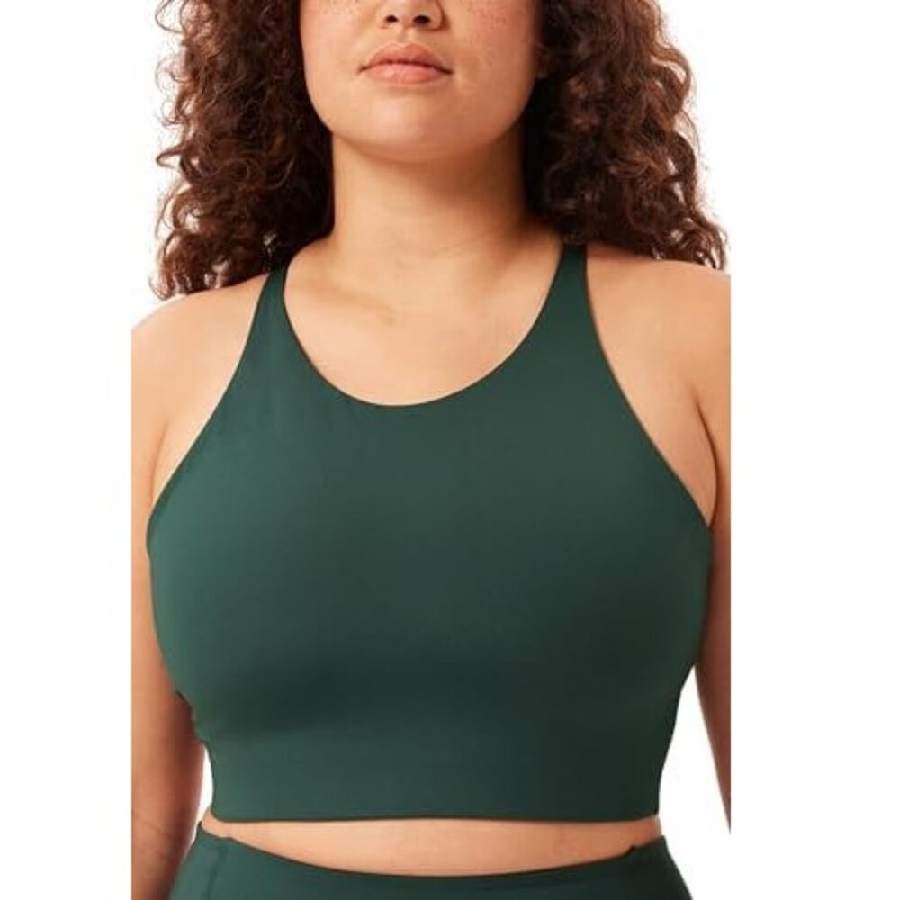 Girlfriend Collective Dark Green High Neck Strappy Back Supportive Active Crop T